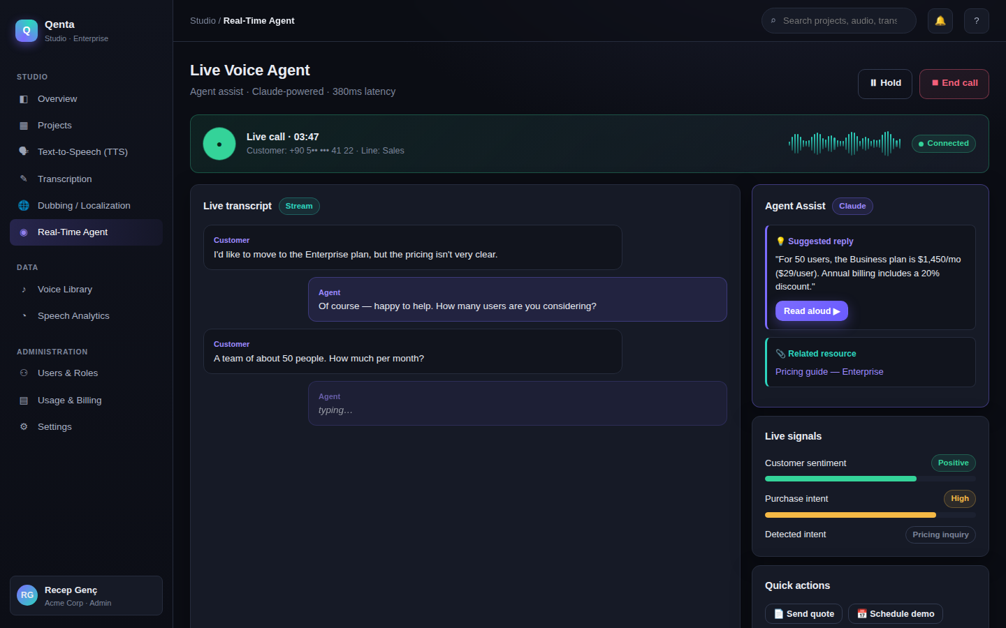 Real-time voice agent with live transcript and Claude assist